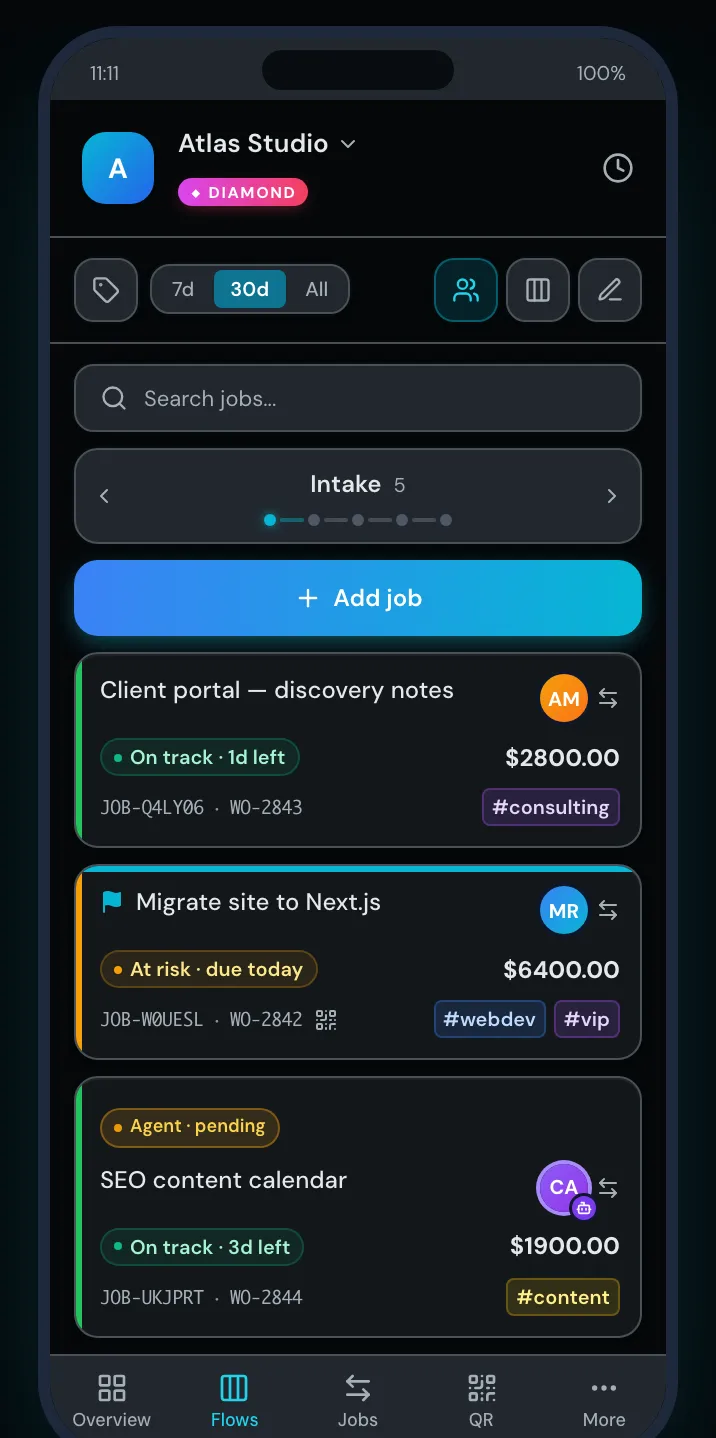 The same board on a phone: one stage at a time, swipe between stages, Add job on top